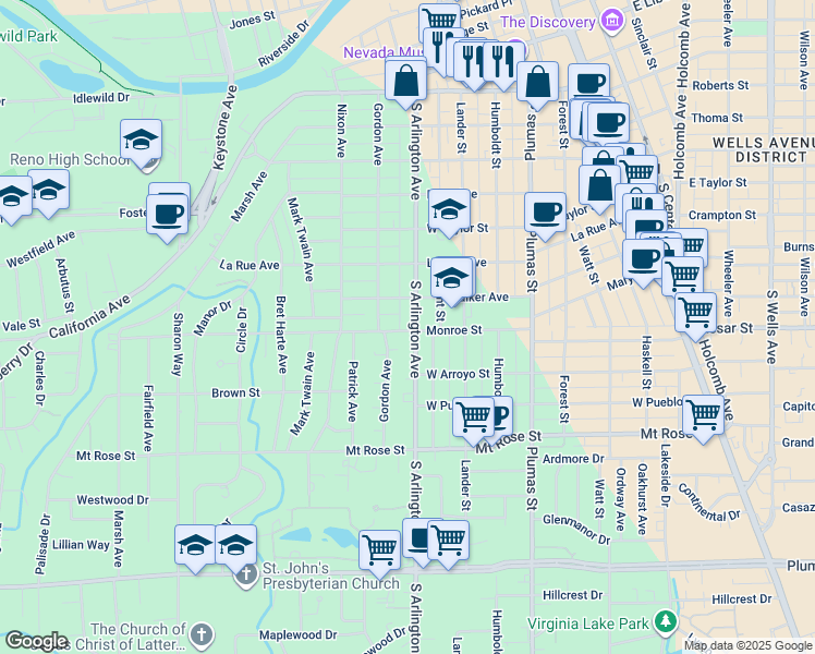 map of restaurants, bars, coffee shops, grocery stores, and more near 1130 South Arlington Avenue in Reno