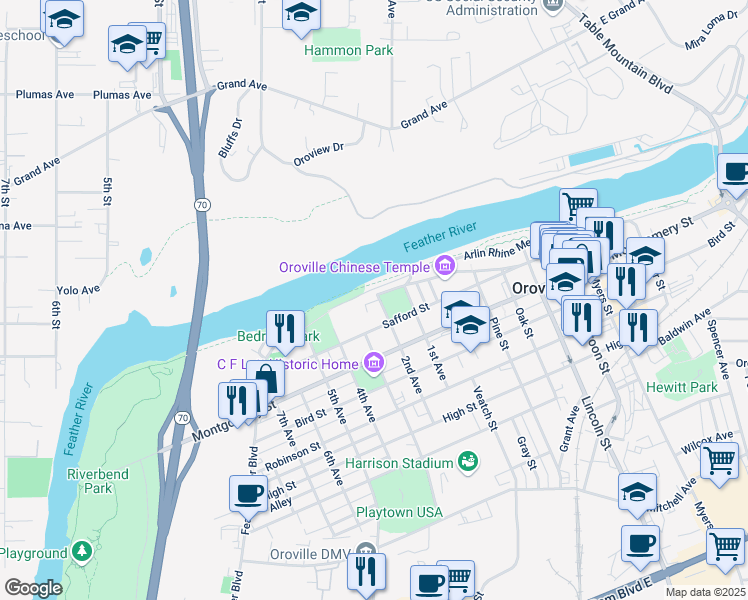 map of restaurants, bars, coffee shops, grocery stores, and more near 1120 2nd Avenue in Oroville