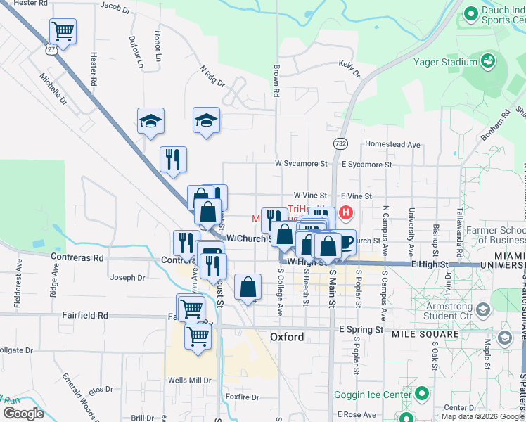 map of restaurants, bars, coffee shops, grocery stores, and more near 211 North Elm Street in Oxford