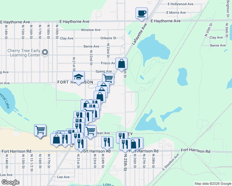 map of restaurants, bars, coffee shops, grocery stores, and more near 2253 Lafayette Avenue in Terre Haute