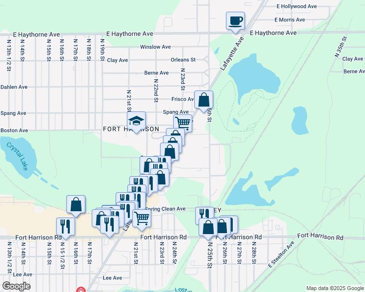 map of restaurants, bars, coffee shops, grocery stores, and more near 2253 Lafayette Avenue in Terre Haute
