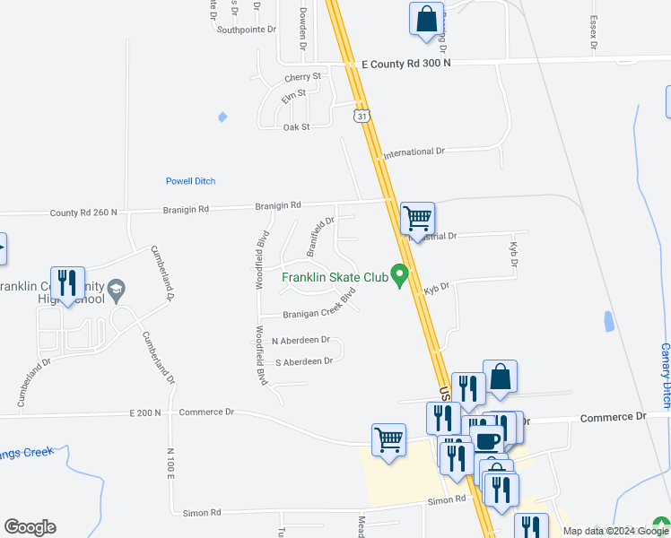 map of restaurants, bars, coffee shops, grocery stores, and more near 1170 Fielding Lane in Franklin