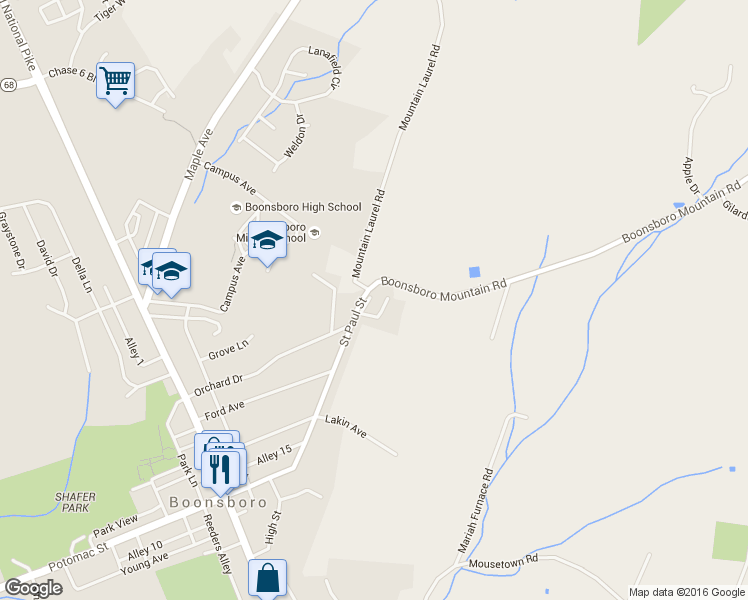 map of restaurants, bars, coffee shops, grocery stores, and more near 318 Saint Paul Street in Boonsboro