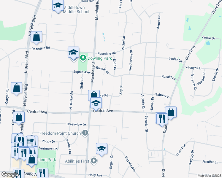 map of restaurants, bars, coffee shops, grocery stores, and more near 118 Frazer Drive in Middletown