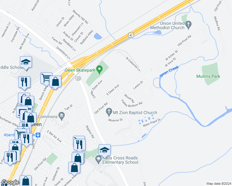 map of restaurants, bars, coffee shops, grocery stores, and more near 338 Old Post Road in Aberdeen