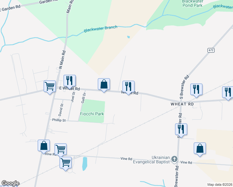 map of restaurants, bars, coffee shops, grocery stores, and more near 2142 East Wheat Road in Vineland