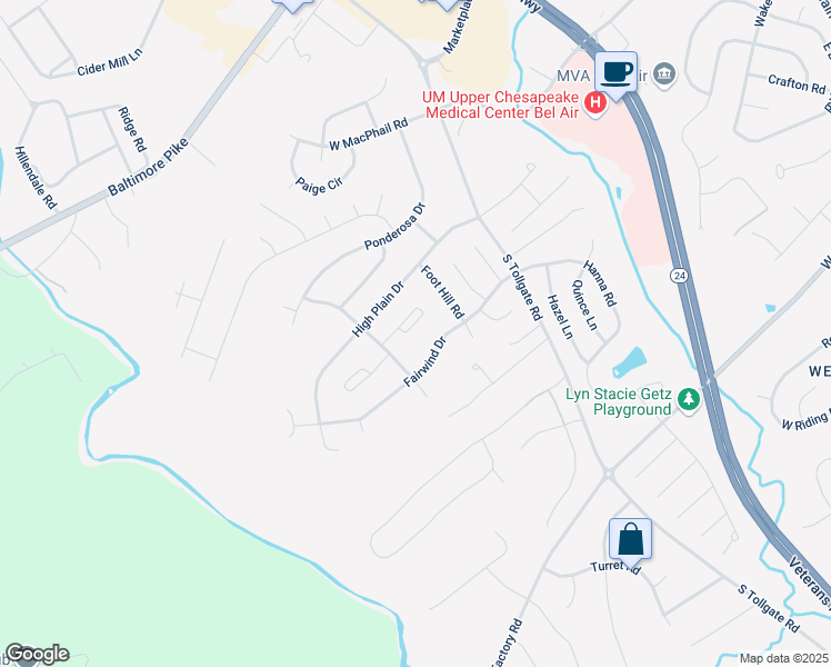 map of restaurants, bars, coffee shops, grocery stores, and more near 741 Danville Circle in Bel Air