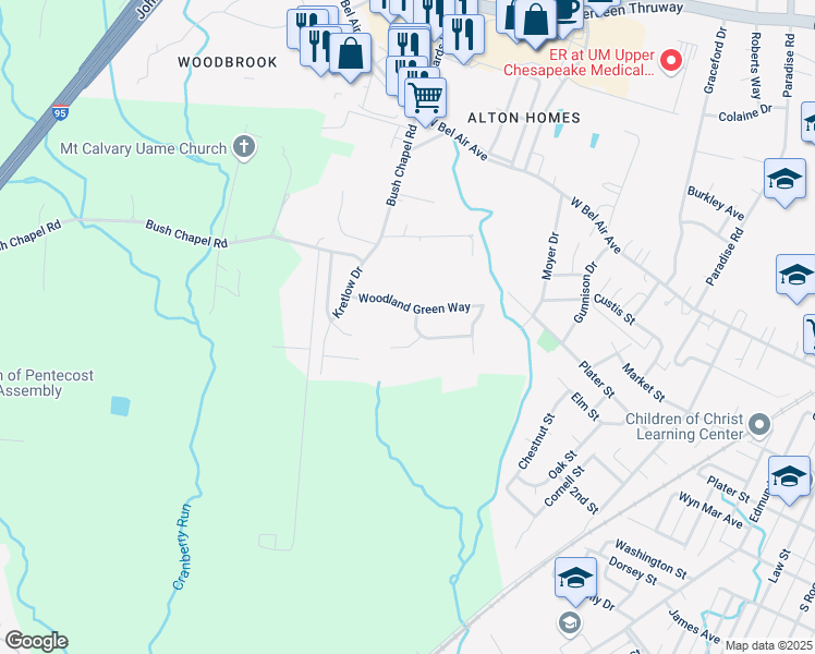 map of restaurants, bars, coffee shops, grocery stores, and more near 315 Woodland Green Court in Aberdeen