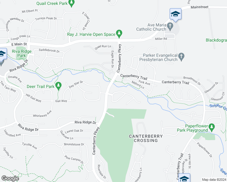 map of restaurants, bars, coffee shops, grocery stores, and more near 22555 East River Chase Way in Parker