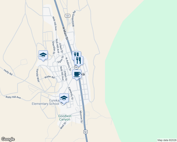 map of restaurants, bars, coffee shops, grocery stores, and more near 151 Paul Street in Eureka