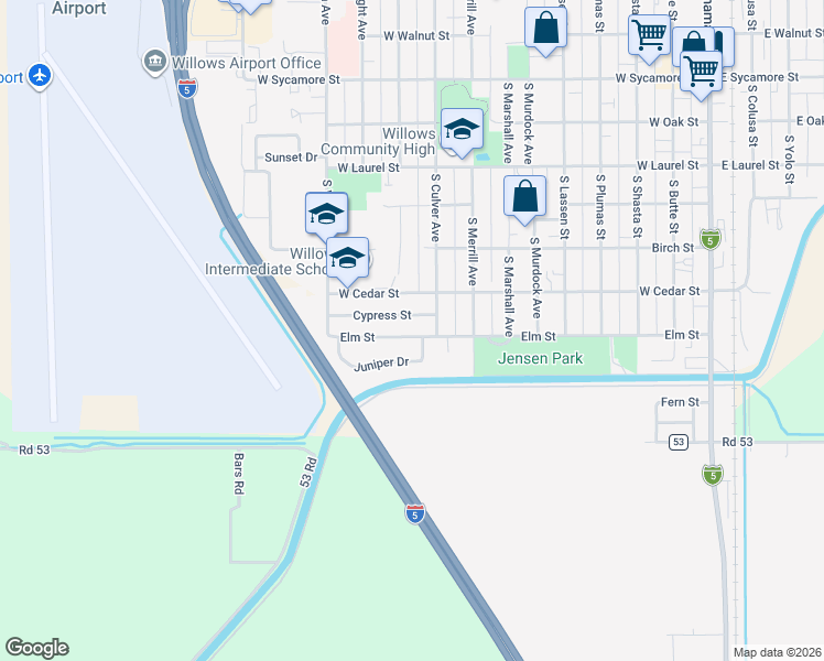 map of restaurants, bars, coffee shops, grocery stores, and more near 939 Elm Street in Willows