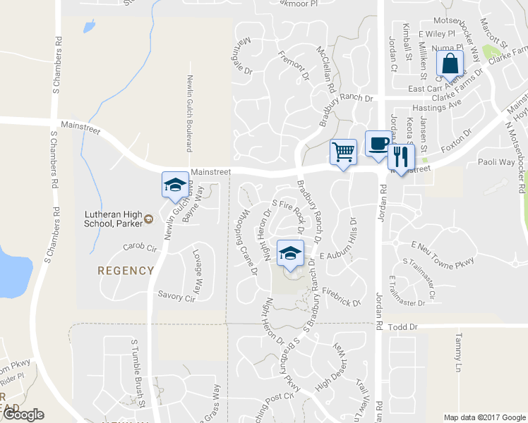 map of restaurants, bars, coffee shops, grocery stores, and more near 11331 Night Heron Drive in Parker