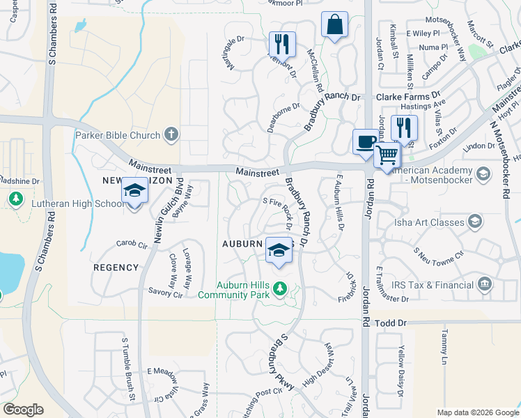 map of restaurants, bars, coffee shops, grocery stores, and more near 11331 Night Heron Drive in Parker