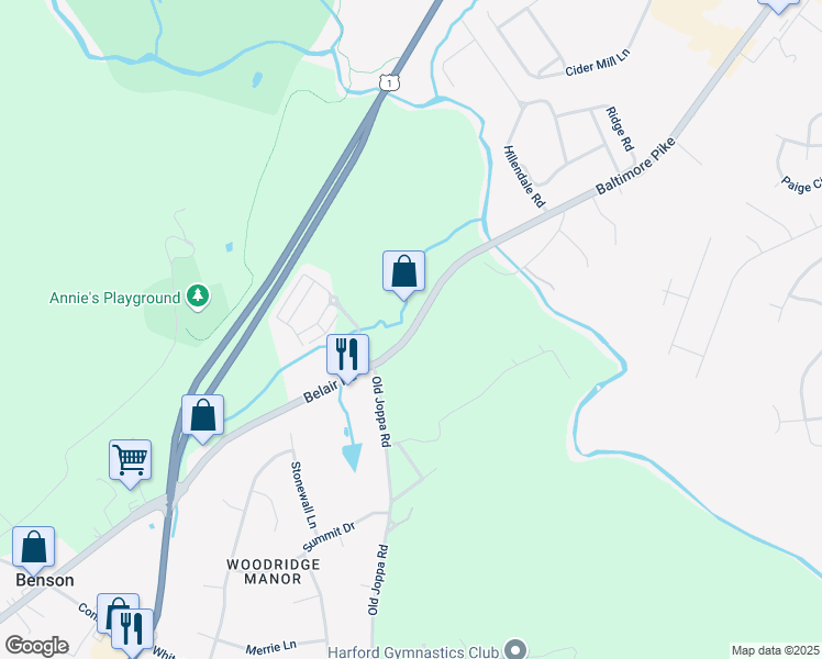 map of restaurants, bars, coffee shops, grocery stores, and more near 1118 Belair Road in Bel Air