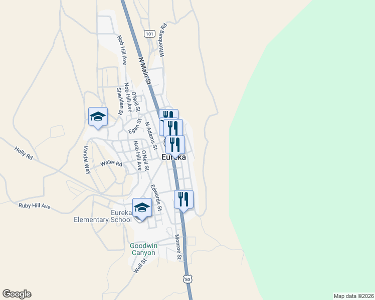 map of restaurants, bars, coffee shops, grocery stores, and more near 151 Paul Street in Eureka