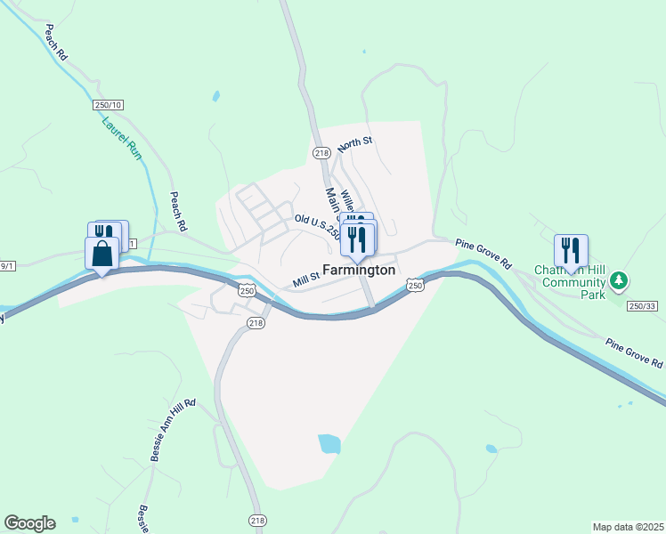 map of restaurants, bars, coffee shops, grocery stores, and more near 1310-1312 Mill Street in Farmington
