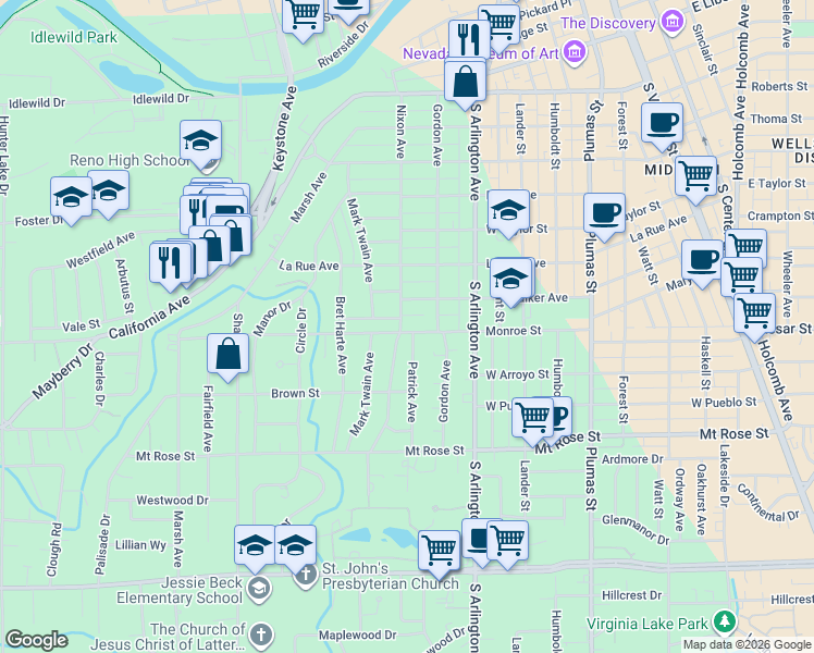 map of restaurants, bars, coffee shops, grocery stores, and more near 1126 Nixon Avenue in Reno