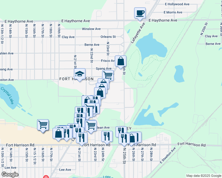 map of restaurants, bars, coffee shops, grocery stores, and more near 2253 Lafayette Avenue in Terre Haute