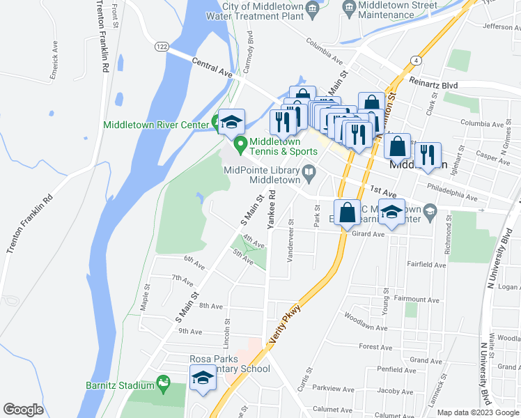 map of restaurants, bars, coffee shops, grocery stores, and more near 229 South Main Street in Middletown