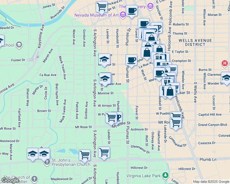 map of restaurants, bars, coffee shops, grocery stores, and more near 537 Monroe Street in Reno