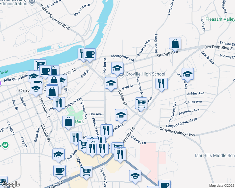 map of restaurants, bars, coffee shops, grocery stores, and more near 2795 Yard Street in Oroville