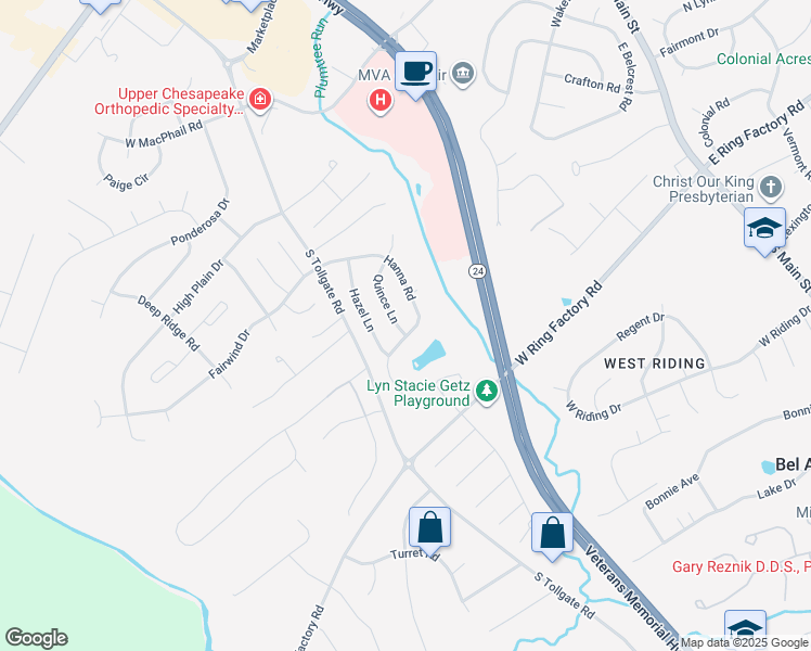 map of restaurants, bars, coffee shops, grocery stores, and more near 527 Hanna Road in Bel Air