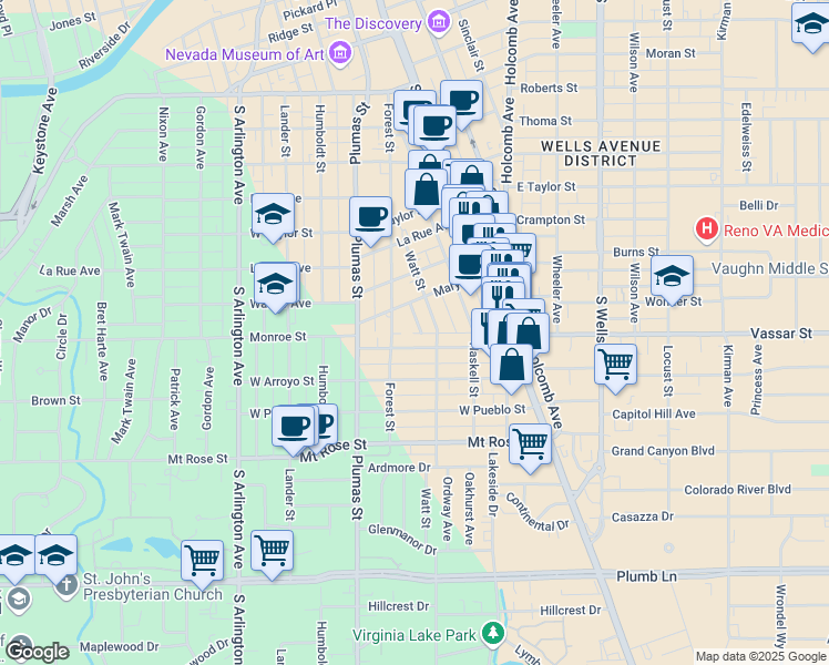 map of restaurants, bars, coffee shops, grocery stores, and more near 1047 Litch Court in Reno