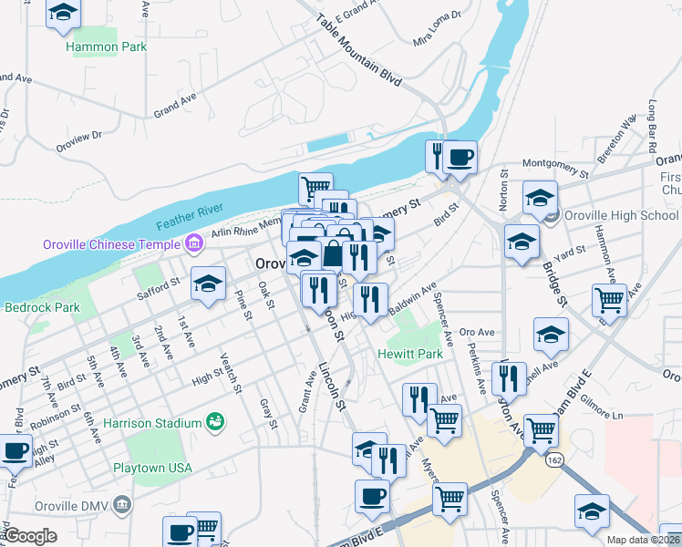 map of restaurants, bars, coffee shops, grocery stores, and more near 1435 Myers Street in Oroville