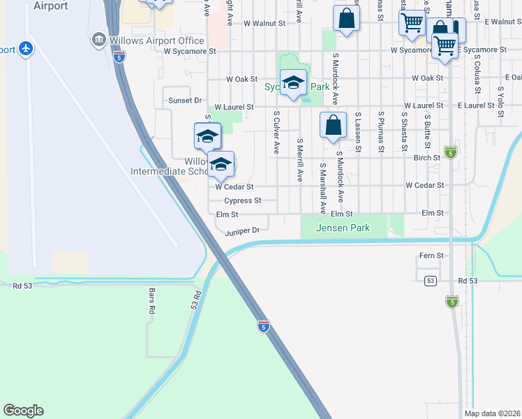 map of restaurants, bars, coffee shops, grocery stores, and more near 939 Elm Street in Willows
