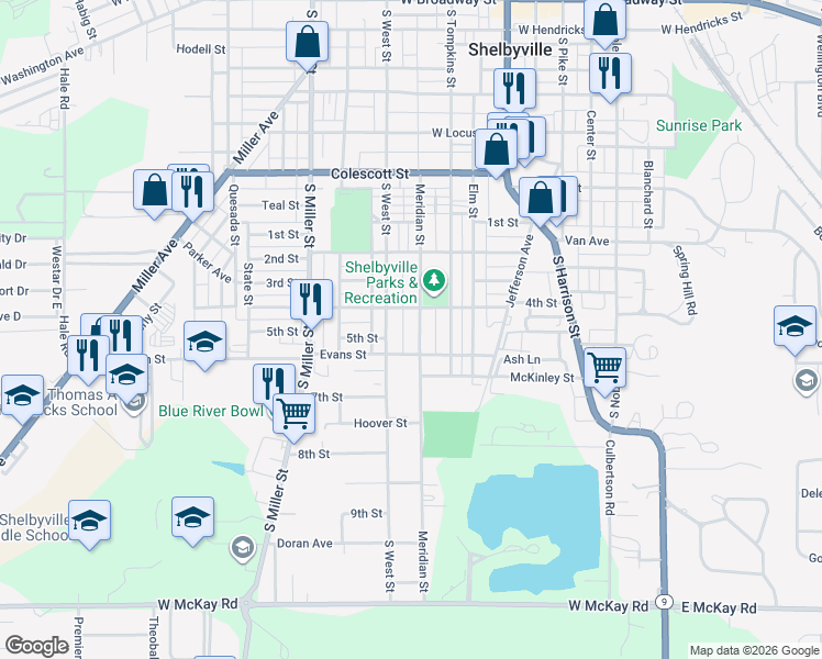 map of restaurants, bars, coffee shops, grocery stores, and more near 1121 Meridian Street in Shelbyville