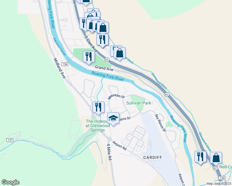 map of restaurants, bars, coffee shops, grocery stores, and more near 3700 Mountain Drive in Glenwood Springs