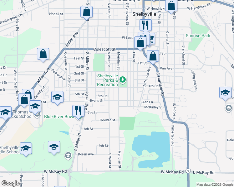 map of restaurants, bars, coffee shops, grocery stores, and more near 1121 Meridian Street in Shelbyville