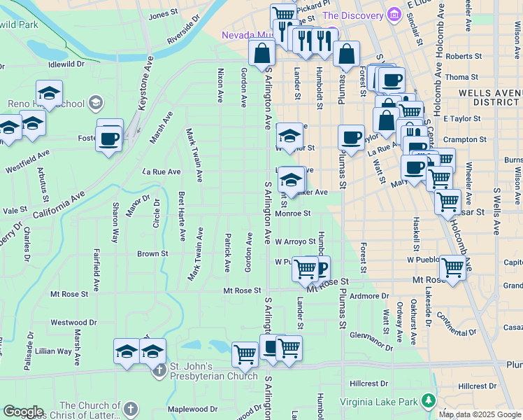 map of restaurants, bars, coffee shops, grocery stores, and more near 1130 South Arlington Avenue in Reno
