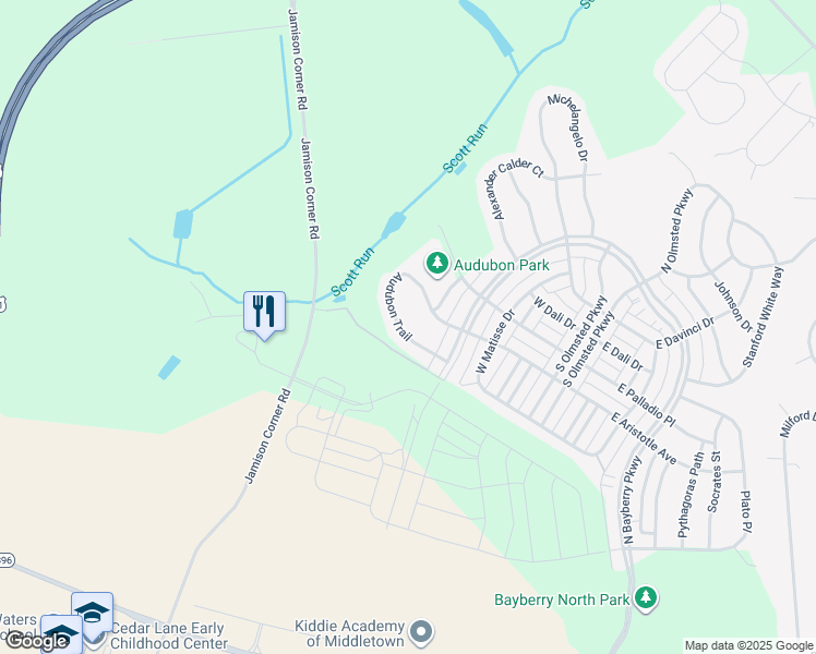 map of restaurants, bars, coffee shops, grocery stores, and more near 2136 Audubon Trail in Middletown