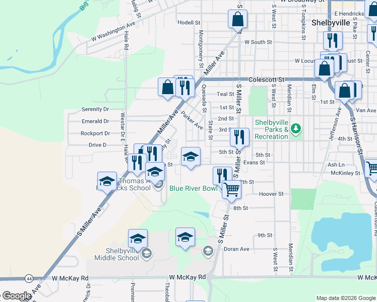 map of restaurants, bars, coffee shops, grocery stores, and more near 1014 Saint Joseph Street in Shelbyville