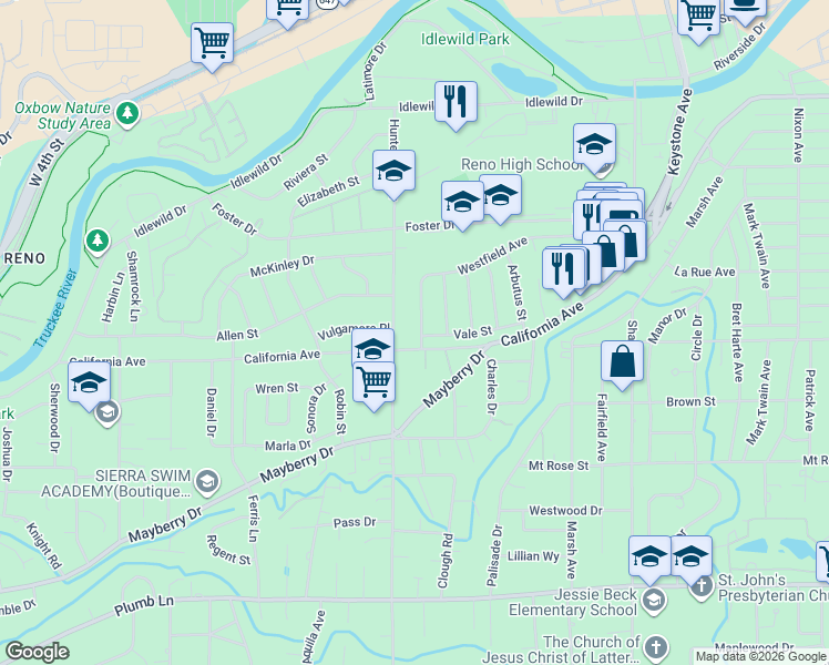 map of restaurants, bars, coffee shops, grocery stores, and more near 2437 Westfield Avenue in Reno