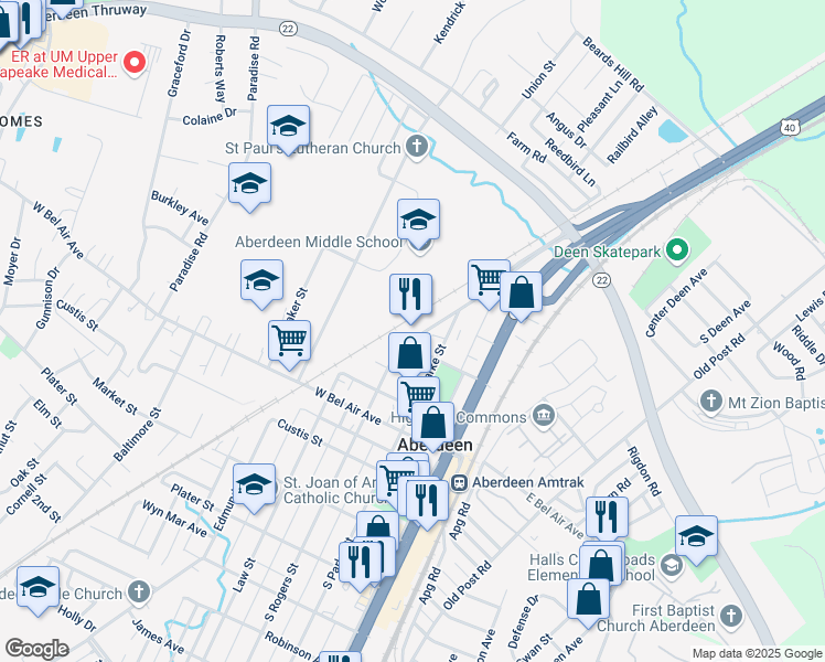 map of restaurants, bars, coffee shops, grocery stores, and more near 102 North Rogers Street in Aberdeen