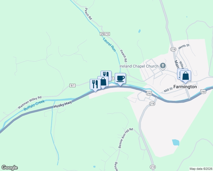 map of restaurants, bars, coffee shops, grocery stores, and more near 3300 Husky Highway in Fairmont