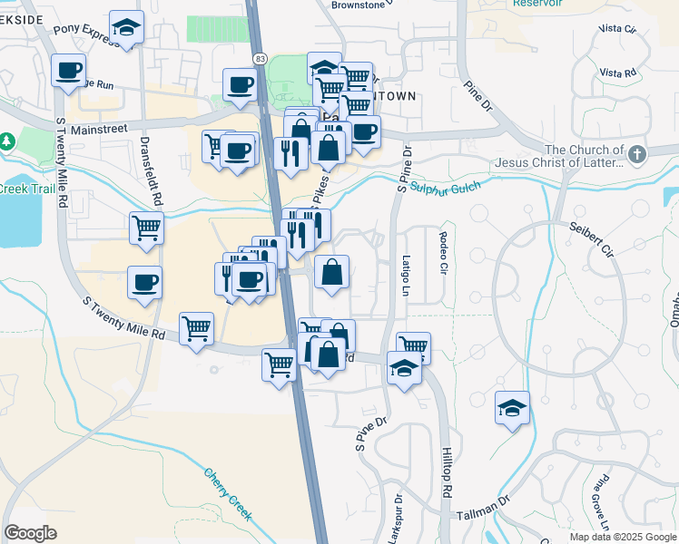 map of restaurants, bars, coffee shops, grocery stores, and more near Clubhouse Drive in Parker