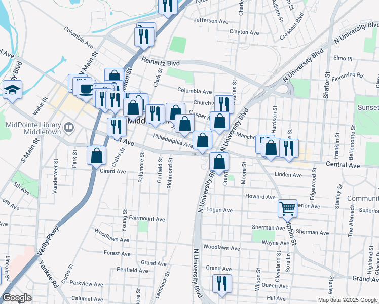 map of restaurants, bars, coffee shops, grocery stores, and more near 1717 1st Avenue in Middletown