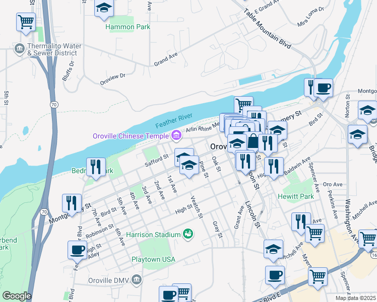 map of restaurants, bars, coffee shops, grocery stores, and more near 1255 Pine Street in Oroville