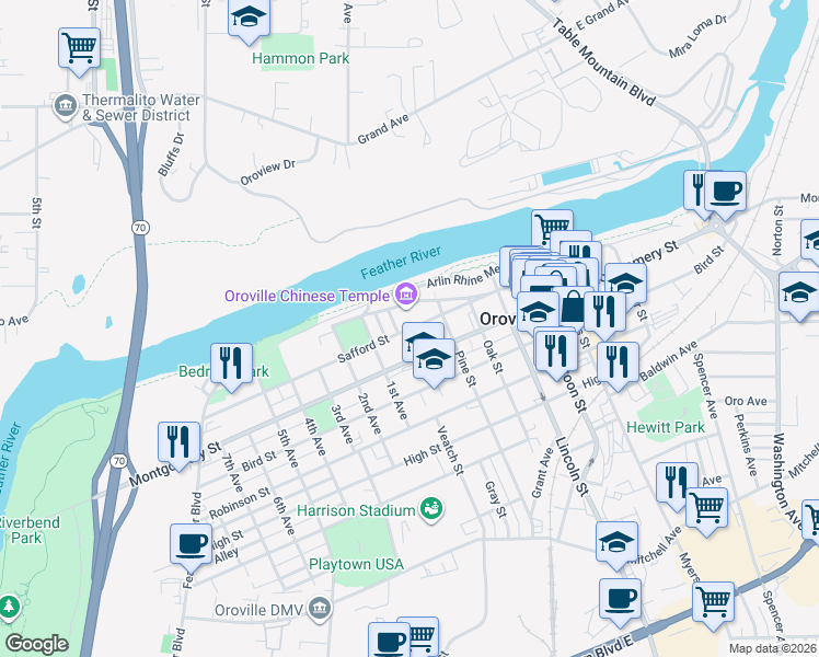 map of restaurants, bars, coffee shops, grocery stores, and more near 1220 Leah Court in Oroville