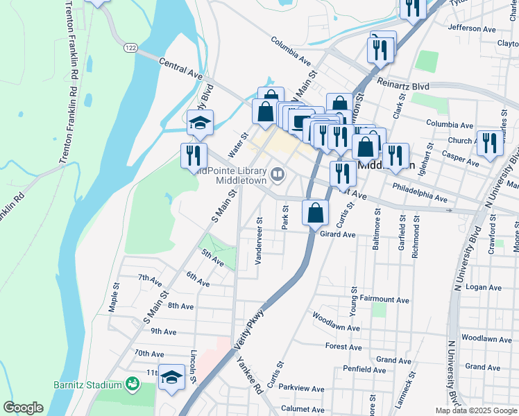 map of restaurants, bars, coffee shops, grocery stores, and more near 222 South Broad Street in Middletown