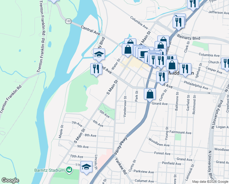 map of restaurants, bars, coffee shops, grocery stores, and more near 229 South Main Street in Middletown