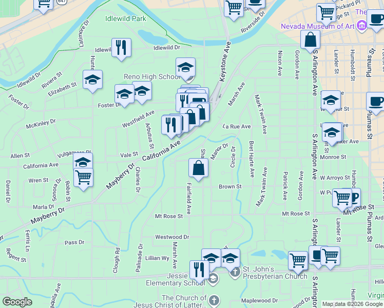 map of restaurants, bars, coffee shops, grocery stores, and more near 1080 Marsh Avenue in Reno