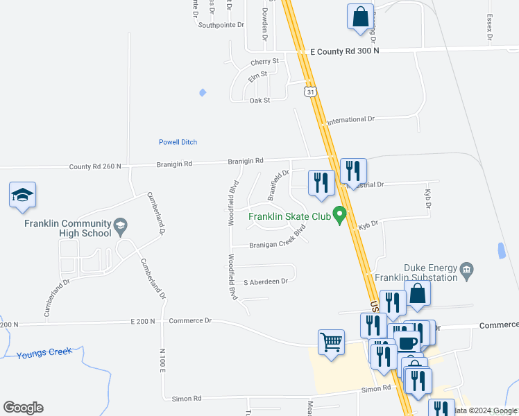 map of restaurants, bars, coffee shops, grocery stores, and more near 1225 Fielding Lane in Franklin