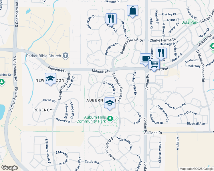 map of restaurants, bars, coffee shops, grocery stores, and more near 11315 South Fire Rock Drive in Parker