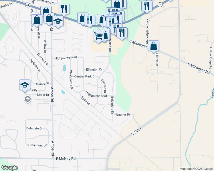 map of restaurants, bars, coffee shops, grocery stores, and more near 836 Olmsted Drive in Shelbyville
