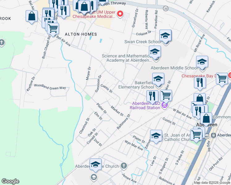 map of restaurants, bars, coffee shops, grocery stores, and more near 743 Custis Street in Aberdeen