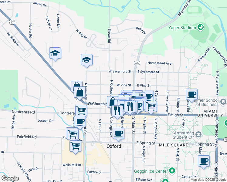 map of restaurants, bars, coffee shops, grocery stores, and more near 211 North College Avenue in Oxford